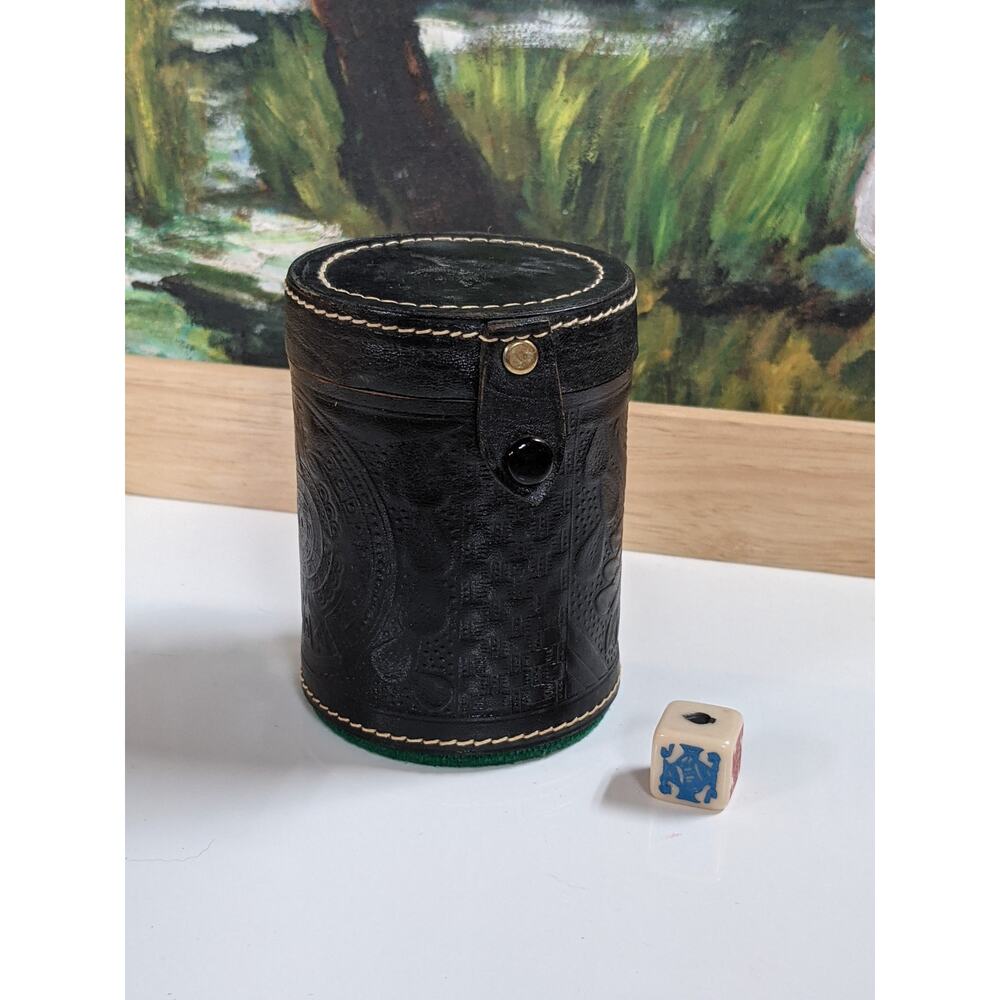 Vintage travel Game Dice Cup Leather Carved Brown Green Lining w Casino Die